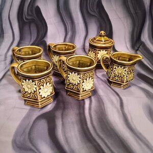 Vintage avocado green daisy tea coffee set with creamer and covered sugar dish